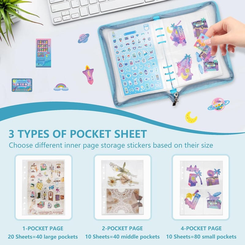Ruatu Sticker Storage Organizer Binder A5 Reusable Sticker Book Collecting Holder Keeper Album with Pocket Zipper for Adult (blue) - Image 3
